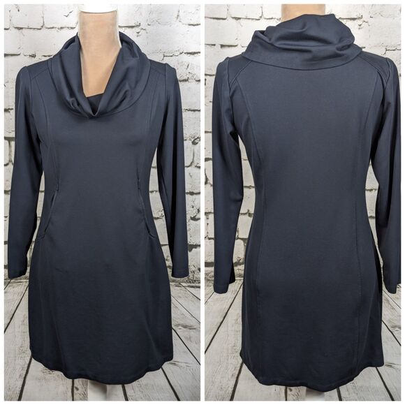 SAHALIE Athleisure Dress Navy Blue Pockets Cowl Neck Stretch Sporty Size PS - Picture 1 of 6